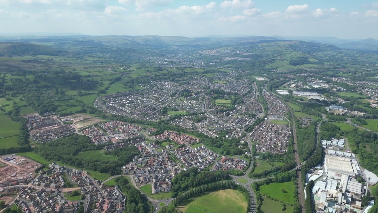 A high level sweeping aerial vista of Croesyceiliog.