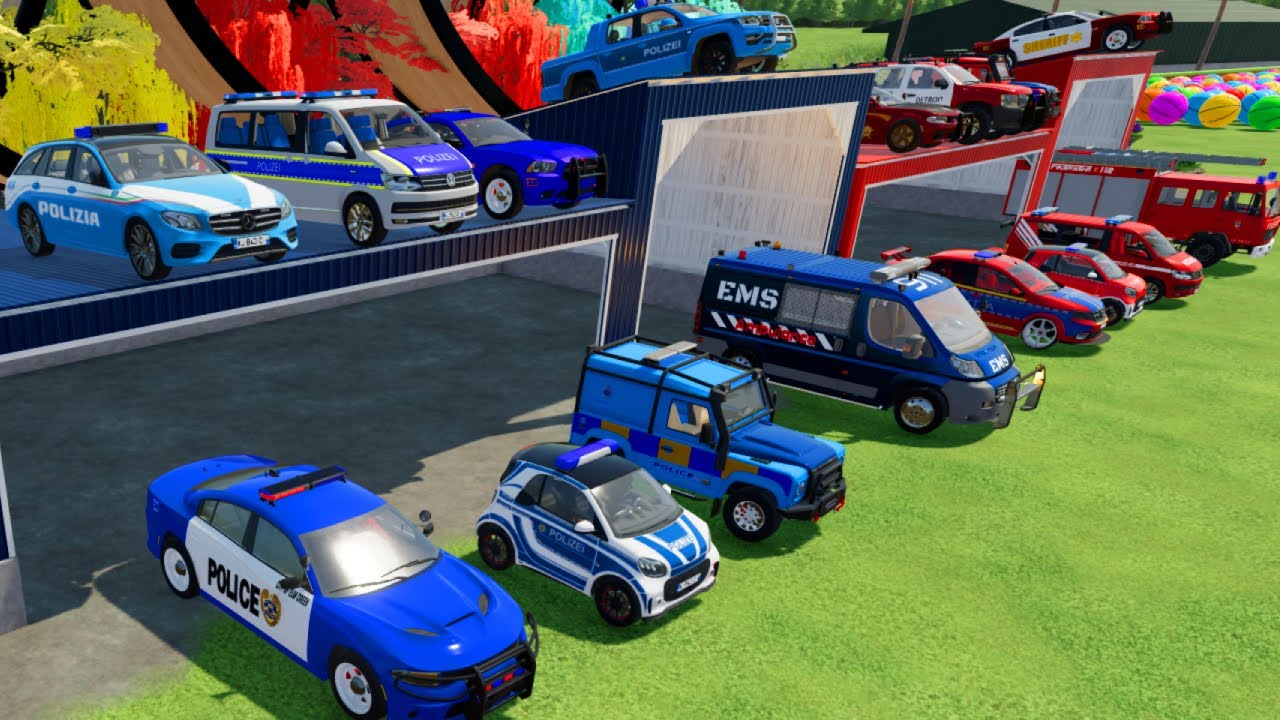 TRANSPORTING CARS, AMBULANCE, POLICE CARS, FIRE TRUCK OF COLORS! WITH TRUCKS! - FS 22