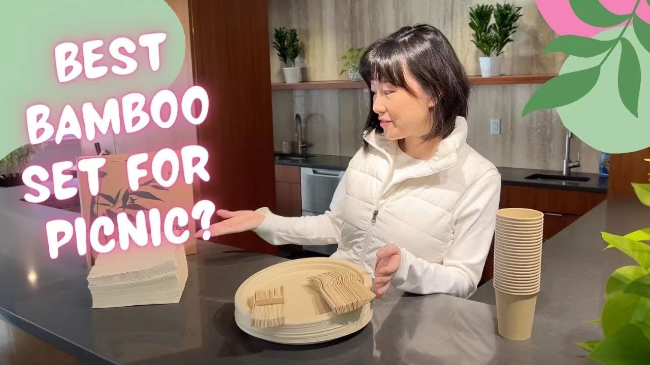 LEKOCH 200 pcs Disposable 100% Bamboo Plates 10 inch, Bamboo Dishes Set for 25 Guests