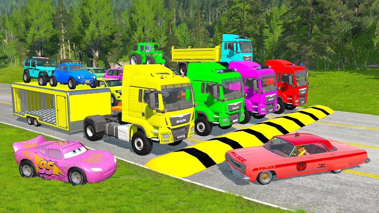 Flatbed Truck Mcqueen | Transportation with Truck - Pothole vs Car #5 - BeamNG.Drive