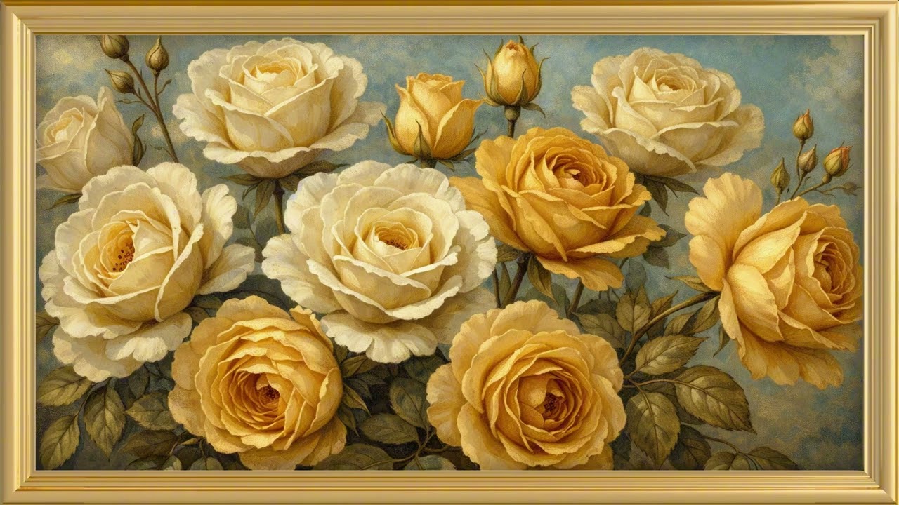 Vibrant Golden Rose Bouquet Oil Painting | TV Wallpaper | Free Background | 4K Frame Art