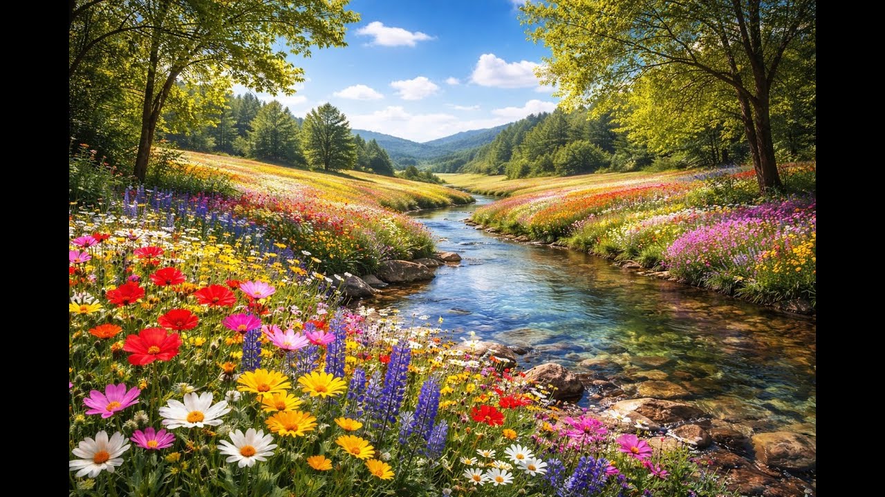 🎶 🌙 5hrs Vivid Spring Valley in Full Bloom | Bright Flowers, Clear River & Pure Daylight Inspiration