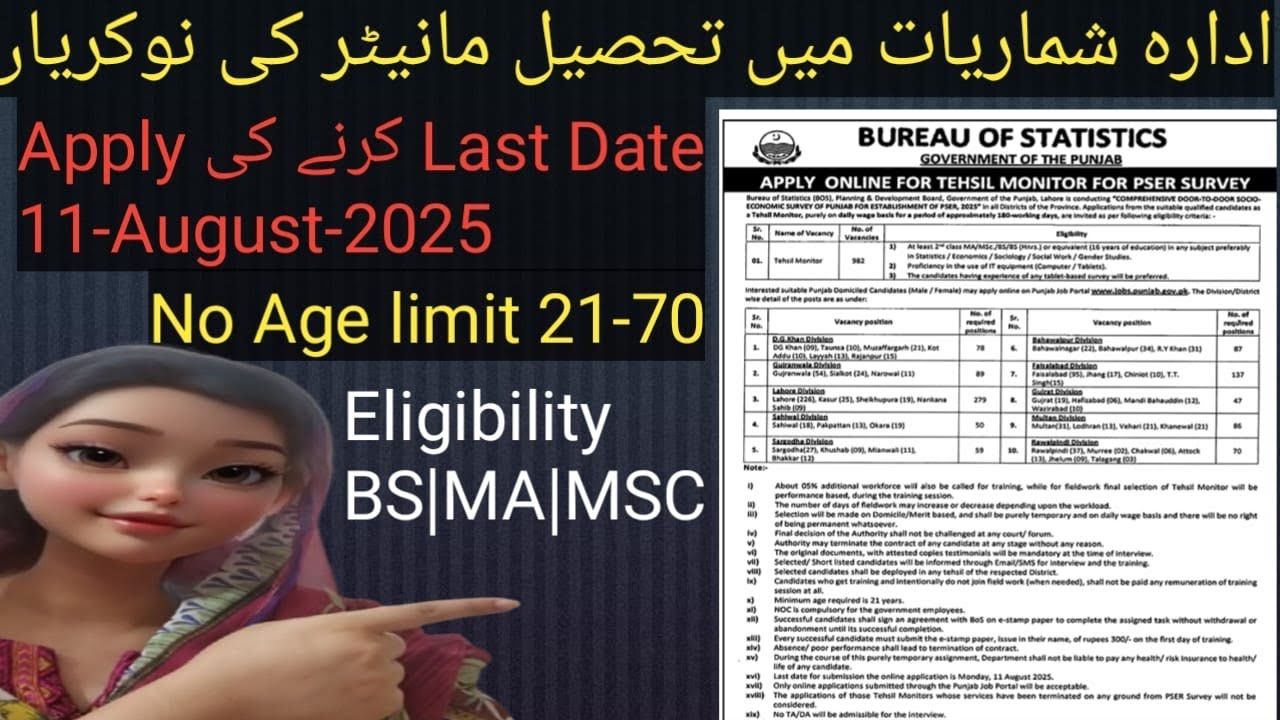 Tehsil Monitor Jobs 2025|How to online Apply for PSER Survey Punjab Tehsil Monitor | 982 Vacancies