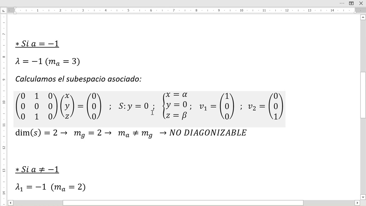 Estudiar la diagonalización de una matriz en función de un  parámetro