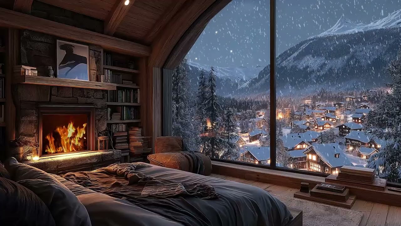 Warm Cabin Fireplace Ambience with Gentle Snowfall and Wind Sounds for Peaceful Relaxation