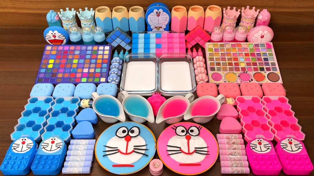 ASMR Slime Mixing Glossy: Blue Doraemon vs Pink Clay Crushing