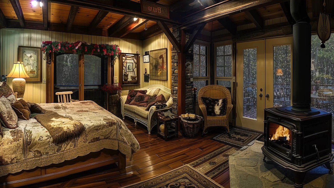 🔴Sleeping in a Cozy Pretty Cabin with Warm Fireplace🔥and Soothing Rain Sounds at Rainy Night💤