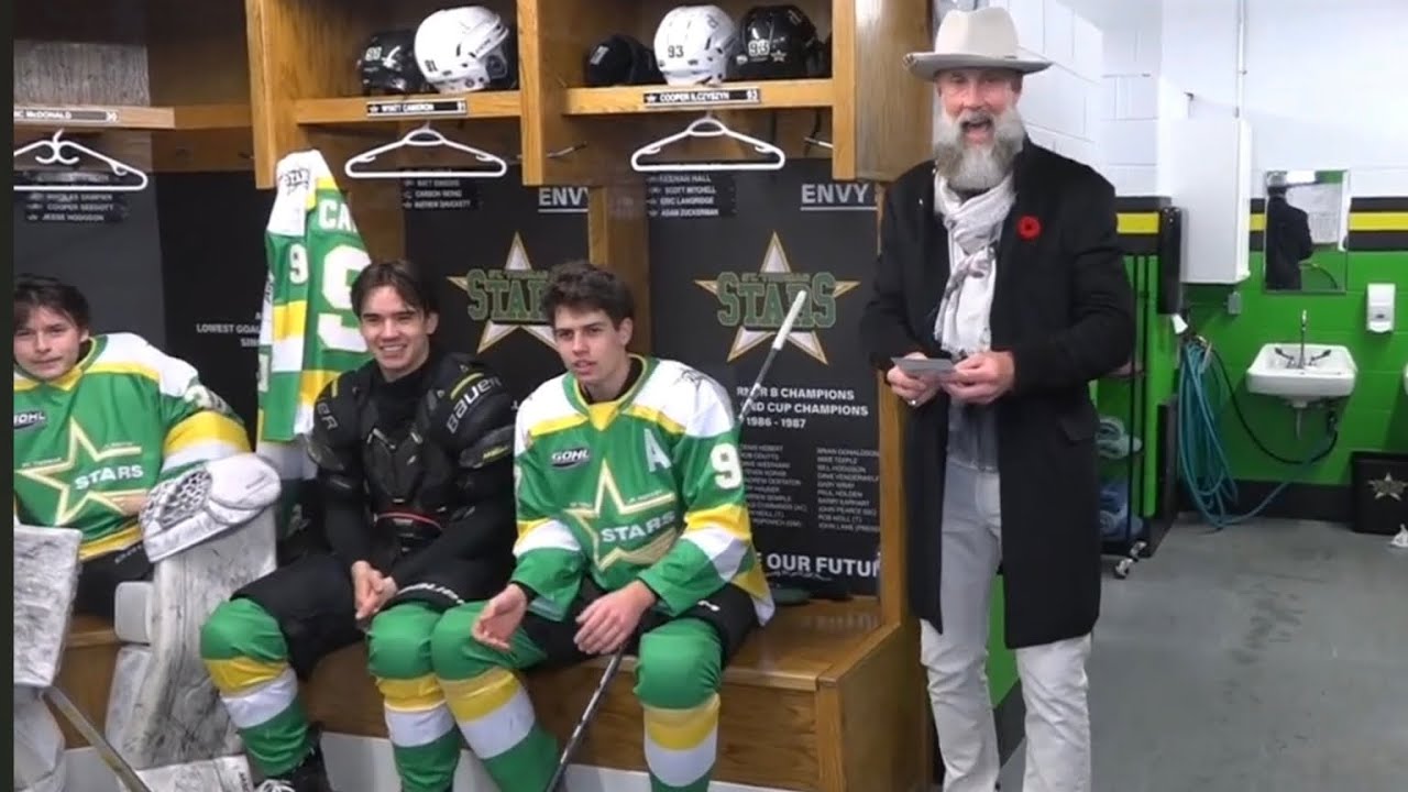 Joe Thornton gives Starting lineup to Stars at home game against London Nationals 