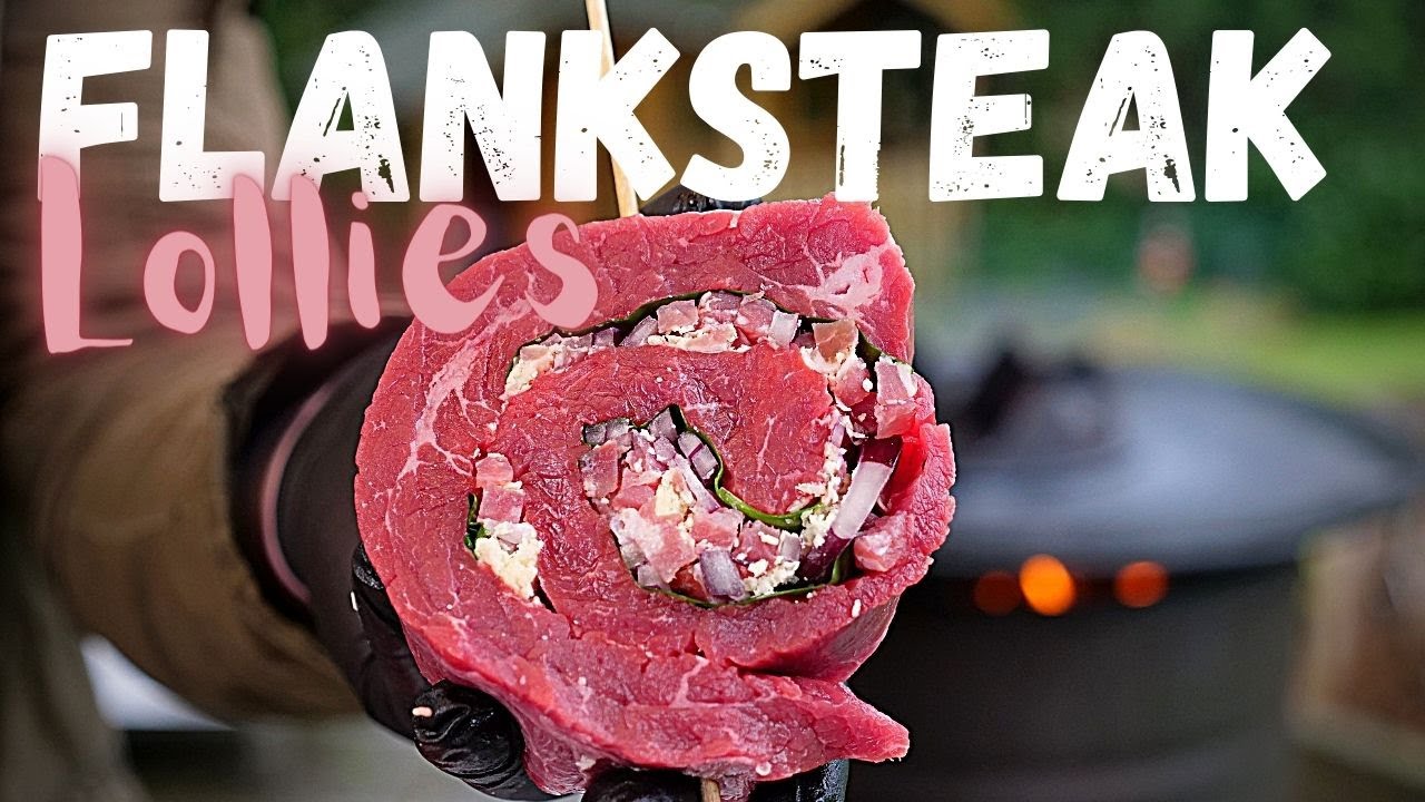 Flanksteak LOLLIES von der Feuerplatte | Deftig gefüllt mit Speck, Käse und Bärlauch! #4K