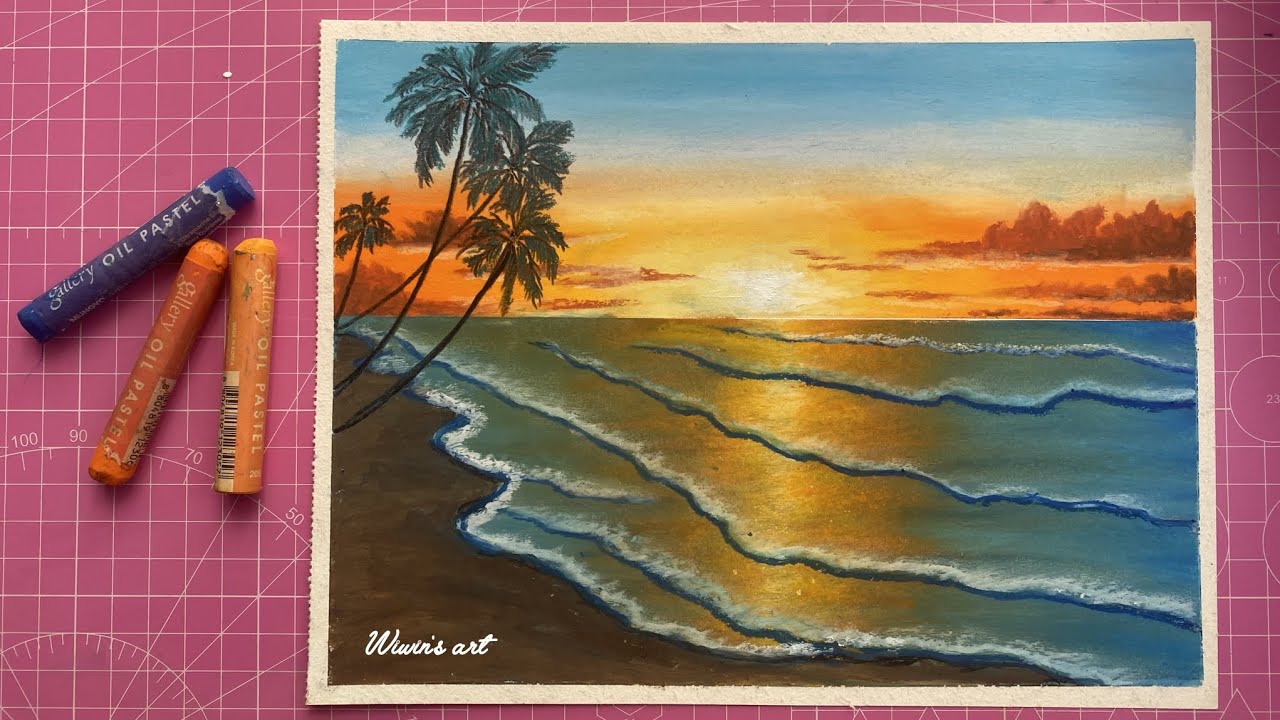 beach scenery with oil pastel artist #menggambar #pemandangansenja #pemula #oilpastel #art #painting
