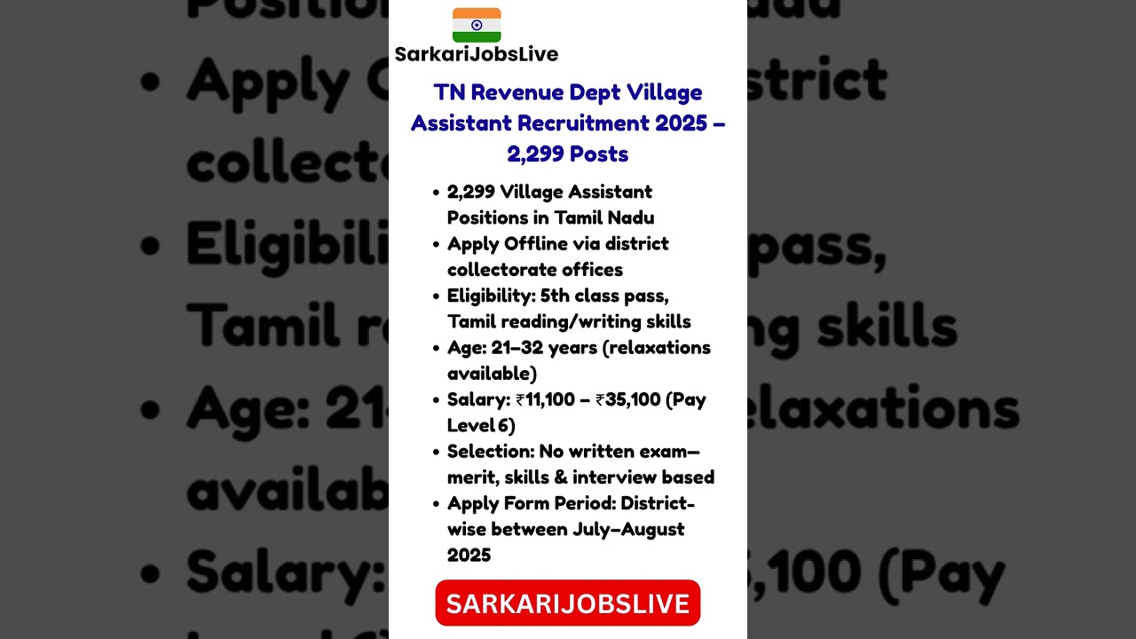 TN Revenue Dept Village Assistant Recruitment 2025 &ndash; 2,299 Posts | Apply Offline