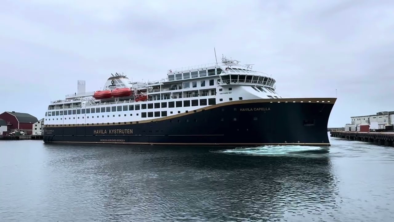 Havila  Capella leaving Svolvaer in the Lofoten Islands on its Southbound journey to Bergen