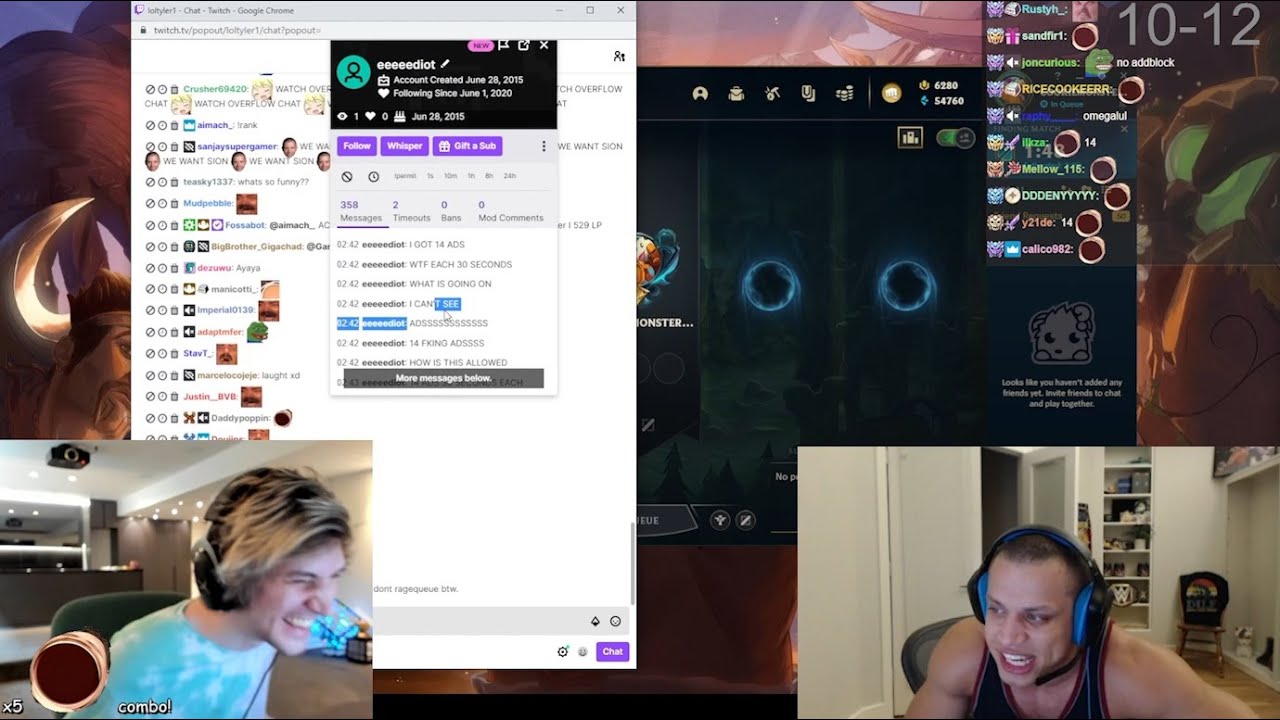 xQc отреагировал на то, что зритель Tyler1 получил 14 объявлений...