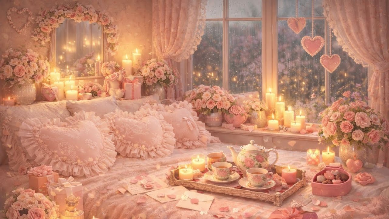 Valentine’s Cozy Pink Bedroom Ambience 💗 | Soft Rain Sounds, Window View (4 Hours)