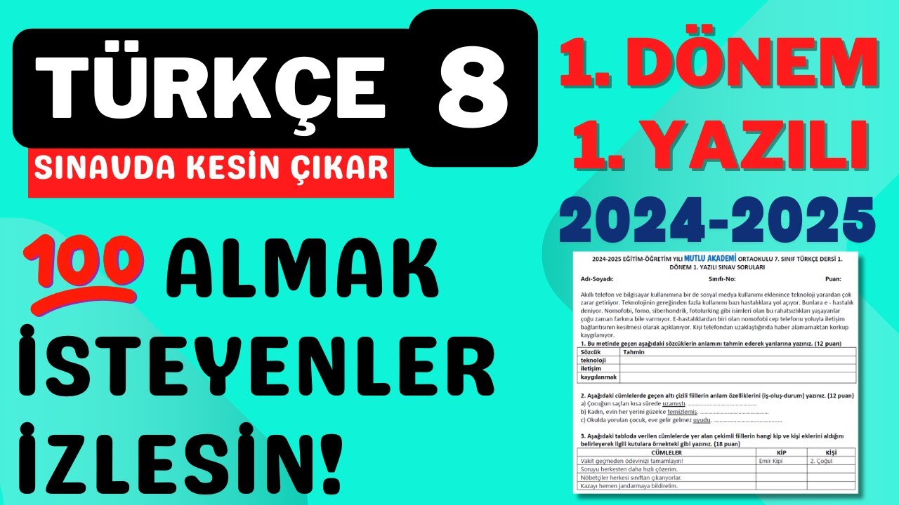 8. Sınıf Türkçe 1. Dönem 1. Yazılı | 2024 2025 açık uçlu Örnek Sorular