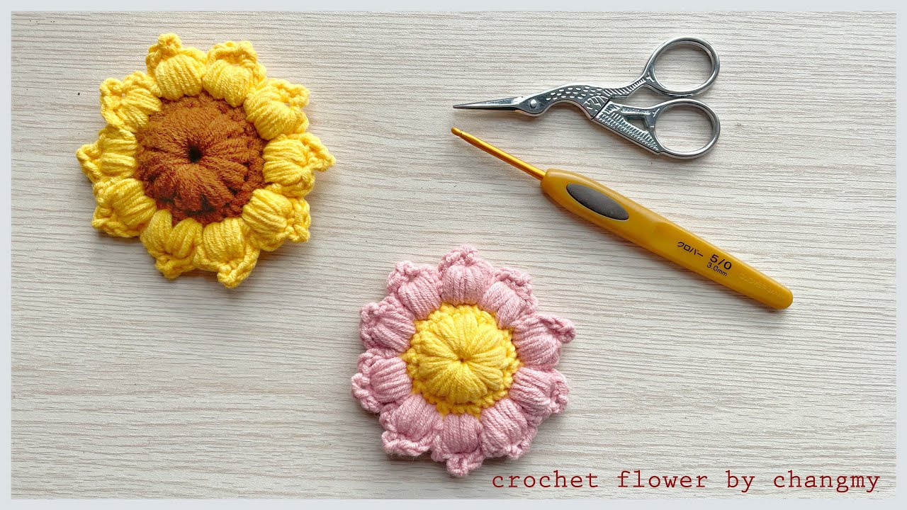 218. DIY crochet flower by changmy | Hướng dẫn móc hoa hướng dương làm móc khóa, trang trí váy áo...