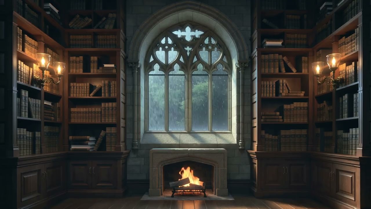 3 Hours for Study and Reading | Gothic Library Ambience with Heavy Rain & Dark Academia Music
