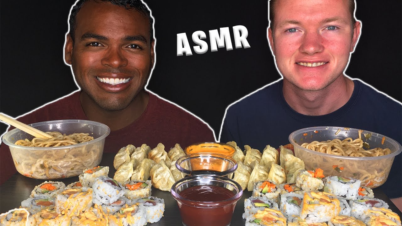 ASMR SUSHI RACE | SALMON & TUNA ROLLS, FRIED CHICKEN DUMPLINGS, SESAME TERIYAKI NOODLES!