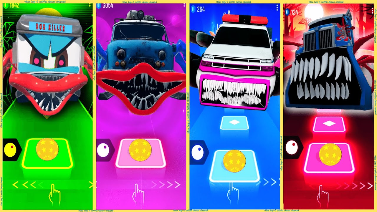 coffin dance - Monster Truck vs Snow Glid Car Eater vs Bus Killer vs Pickup Truck Eater | Tiles HOP❗