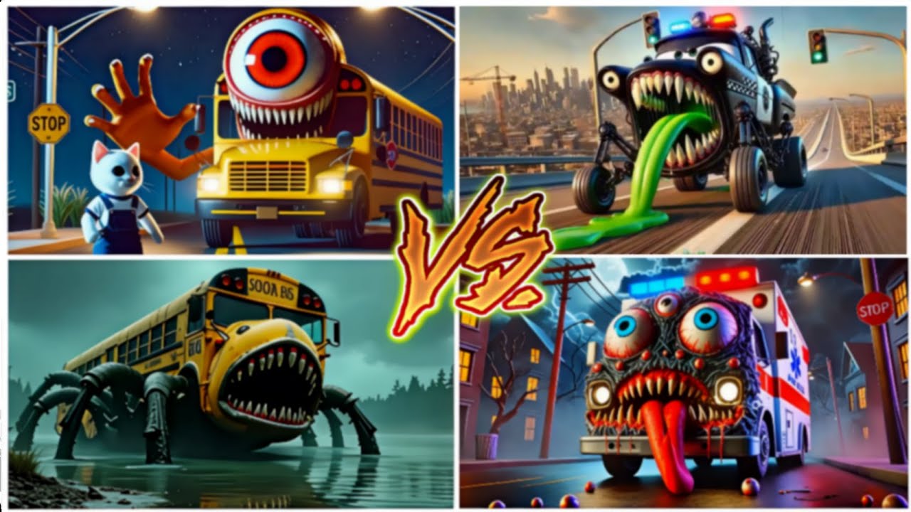 SchoolBus Monster vs Police car Monster vs School