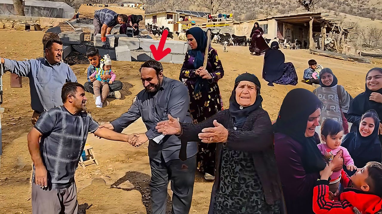 Stranger with the grandma's family on busy farm day