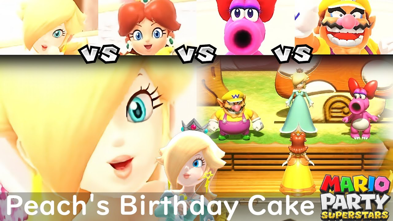 Mario Party Superstars Rosalina vs Daisy vs Birdo vs Wario at Peach's Birthday Cake