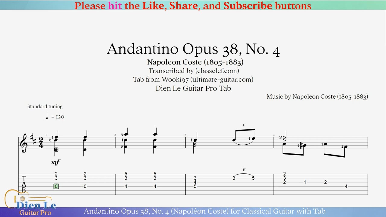 Andantino Opus 38, No. 4 (Napoléon Coste) for Classical Guitar with Tab
