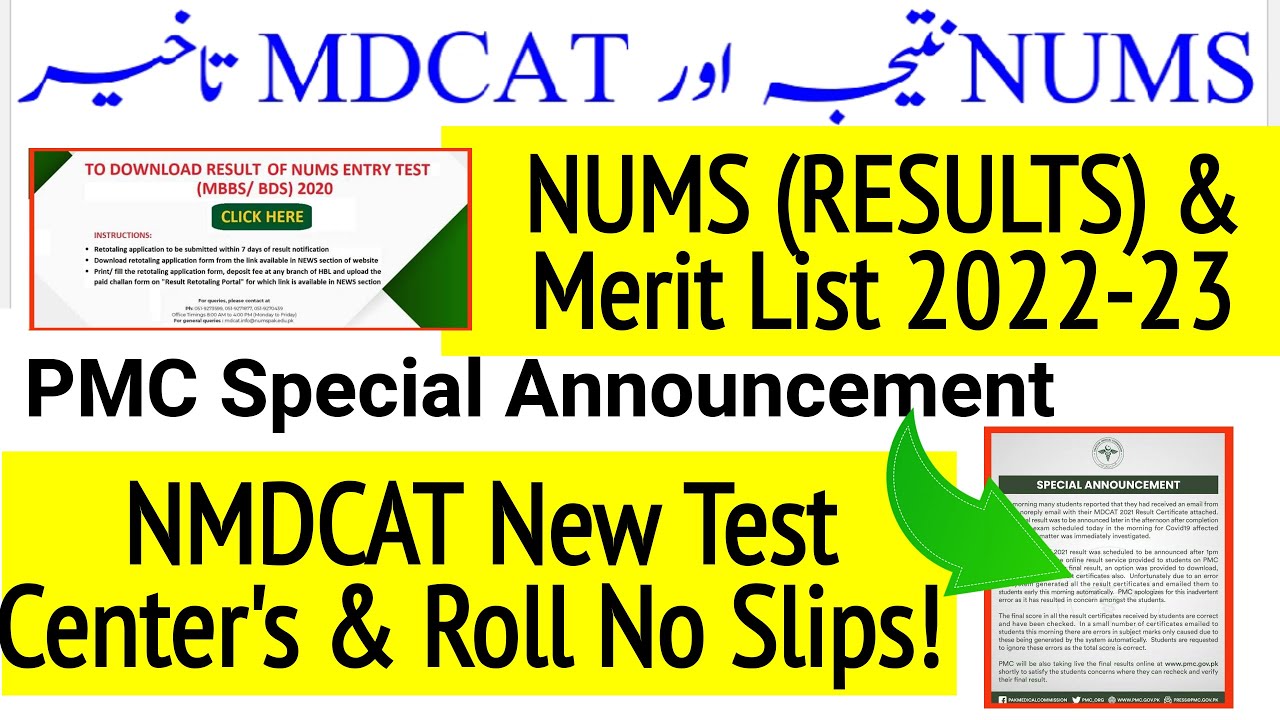 NUMS Results 2022 Announced/CMH Merit List/NMDCAT Roll Number Slips/MDCAT Test Centers/PMC MCQs Bank