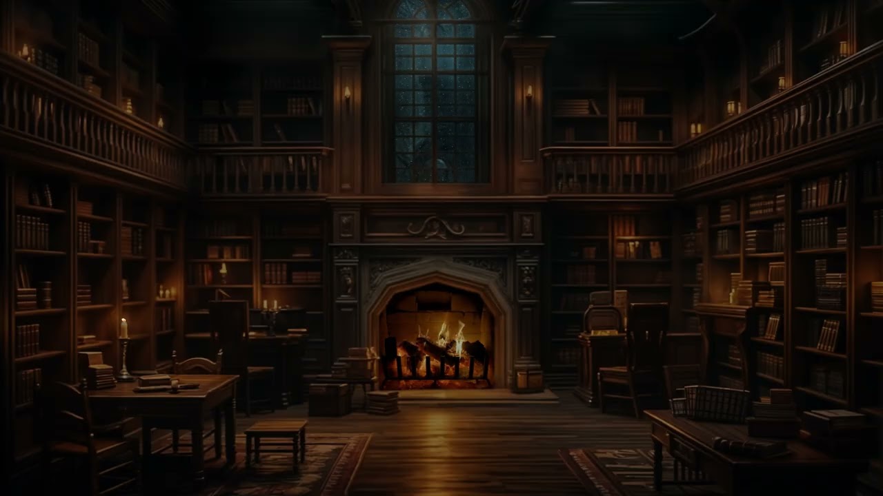 Midnight Library Fireplace Ambience 📚🔥 | Cozy Night Sounds for Deep Relaxation & Sleep