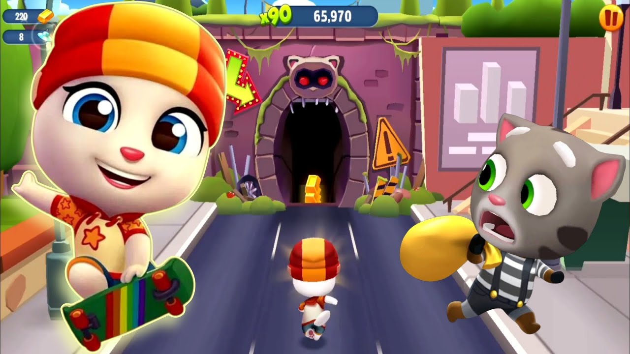 Talking Tom Gold Run M.oD - How To Unlock Skater angela vs Tom raccoon - Full screen