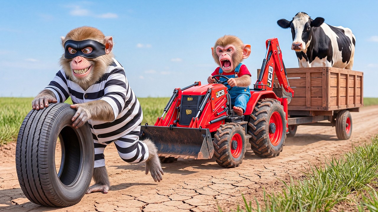 🐒🚜 Monkey Nana Uses a JCB Excavator to Feed Dairy Cows… Then Catches a Wheel-Thieving Thief! 😱🐄