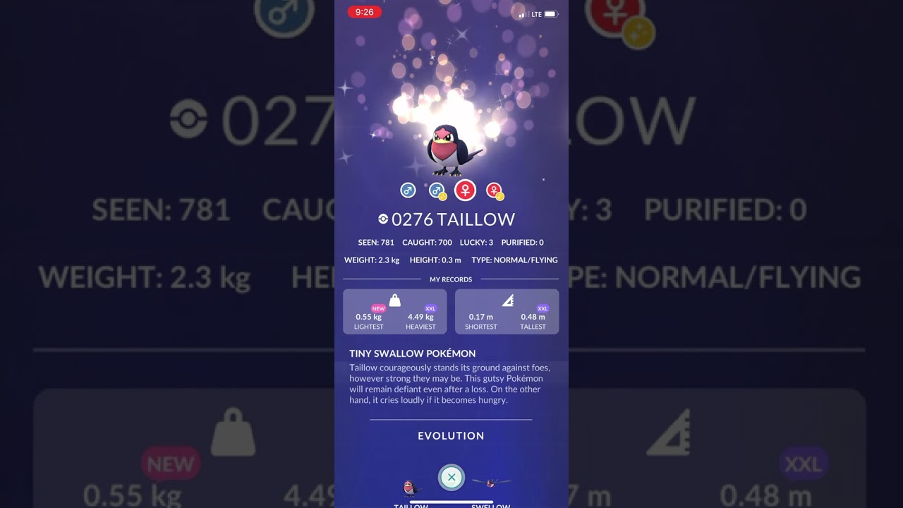 My 93rd Pok&eacute;mon caught 700 times #taillow #pokemon #pokemongo #pok&eacute;mon #pokedex #shiny