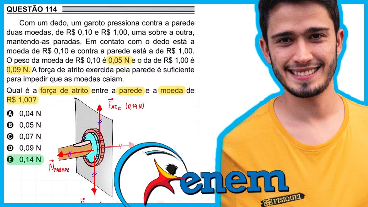 ENEM 2018 PPL - Com um dedo, um garoto pressiona contra a parede duas moedas, de R$ 0,10 e R$ 1,00,