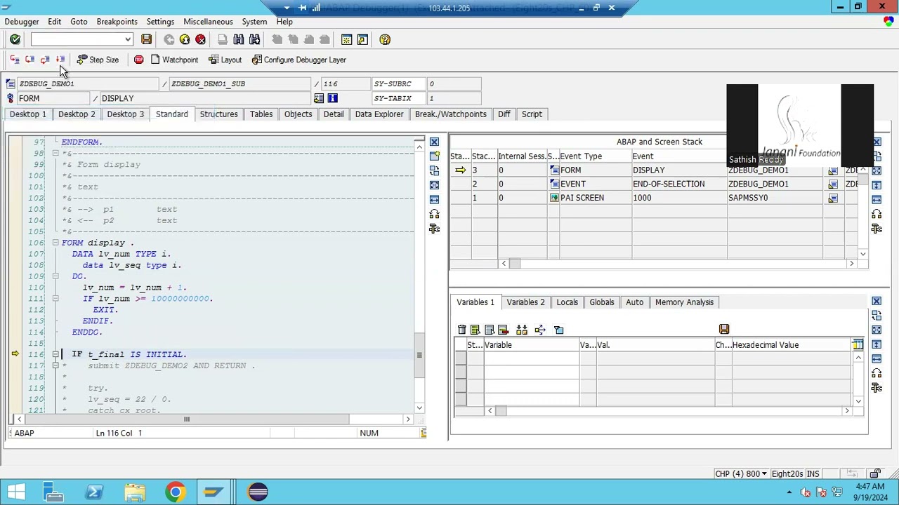 75 Debuggining - SM66, FM variant save from debugging, stack info for submit program, exception hand