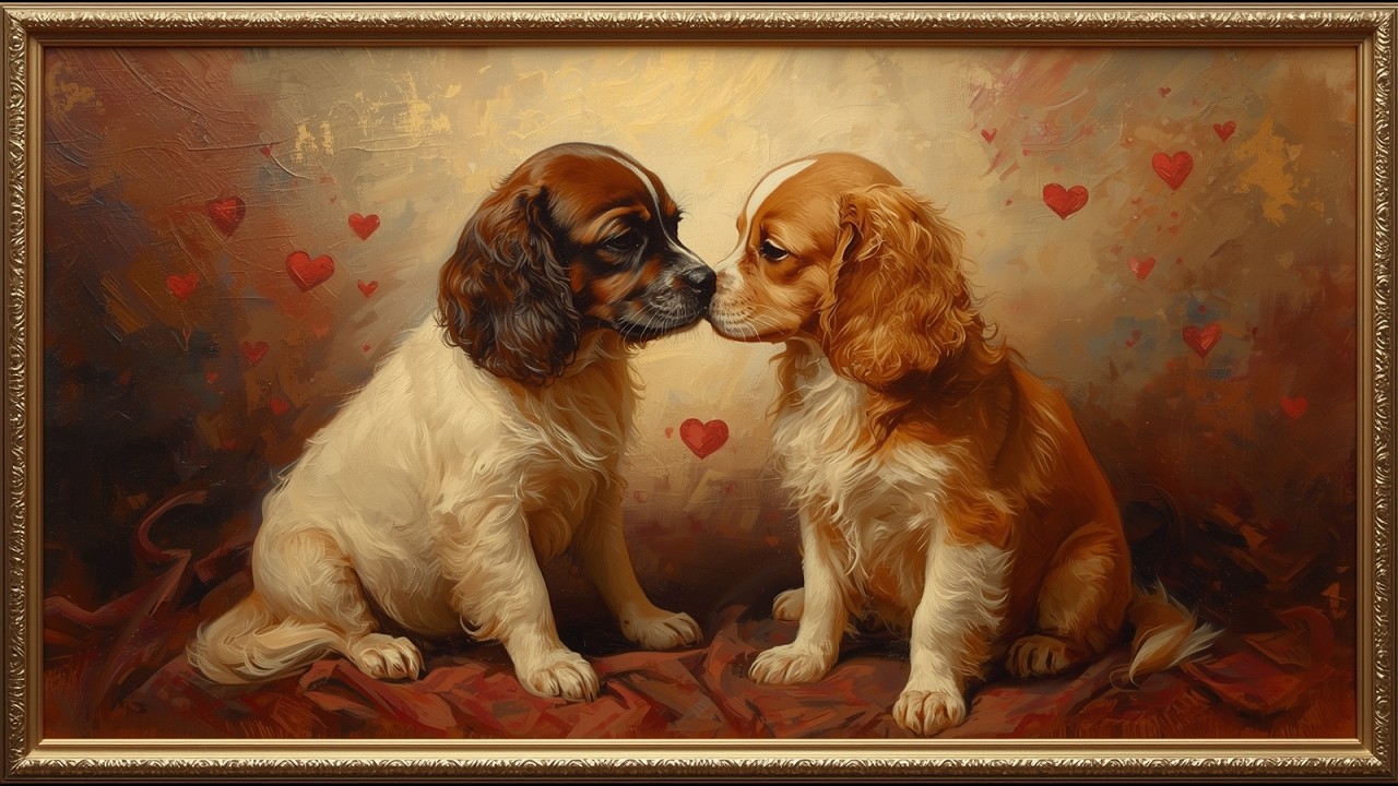 Romantic Vintage Dogs in Love Oil Painting | Elegant Gold Frame | Valentine Art | TV Screensaver 4K