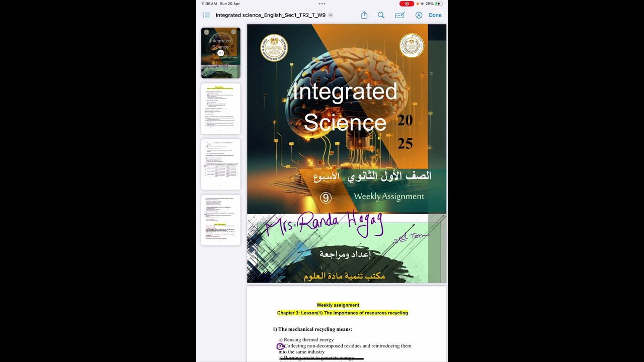 Weekly assignments week 9 integrated science second term by Mrs Randa Hagag