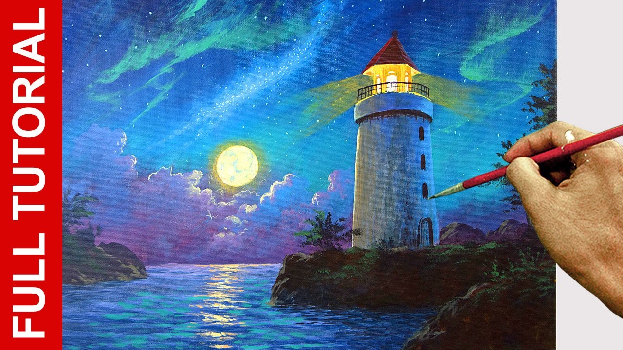 Tutorial : Acrylic Landscape Painting / Lighthouse in the Moonlight / JMLisondra