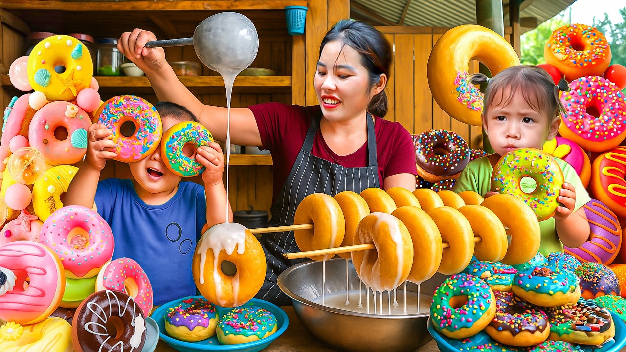 Making Sweet Donuts Filled with Mung Bean Paste with My Daughter and Son – Selling at the Market
