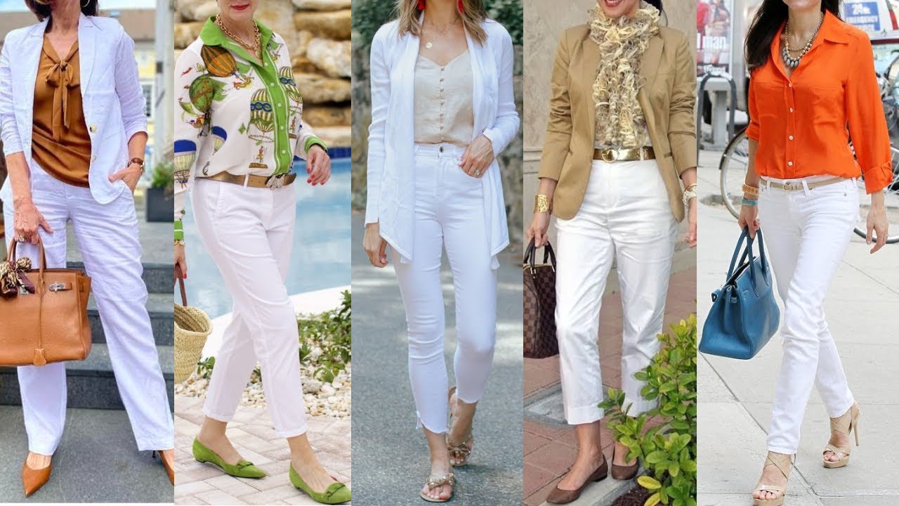 COMBINACIONES DE ROPA MODERNAS Y ELEGANANTES PARA SEÑORAS QUE PASAN LOS 50 CON PANTALO BLANCO