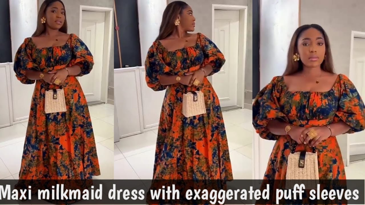 Tutorial on milkmaid maxi flare dress with exaggerated puff sleeves