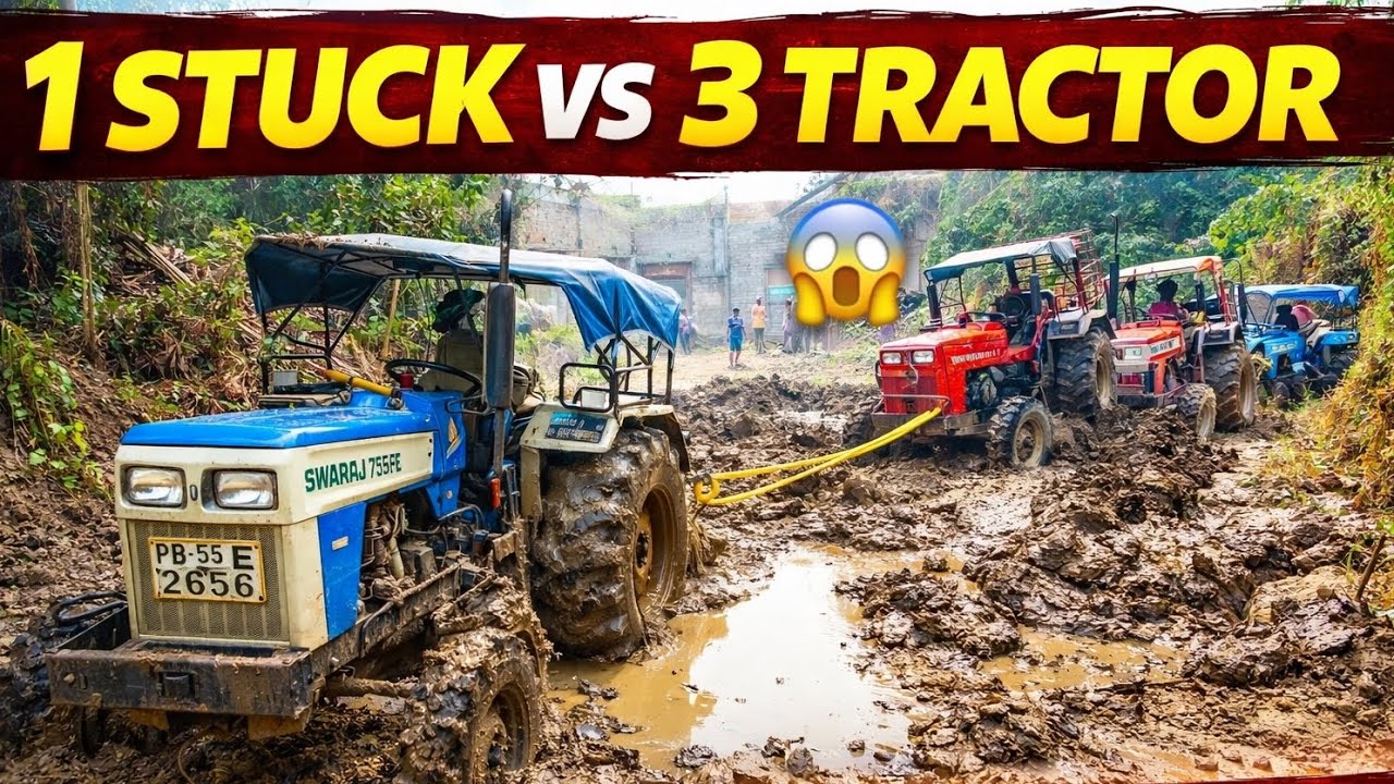 Swaraj 754 FE Tractor Stuck in Mud and Pulling Out by 3 Tractor || 1 vs 3 Tractor 