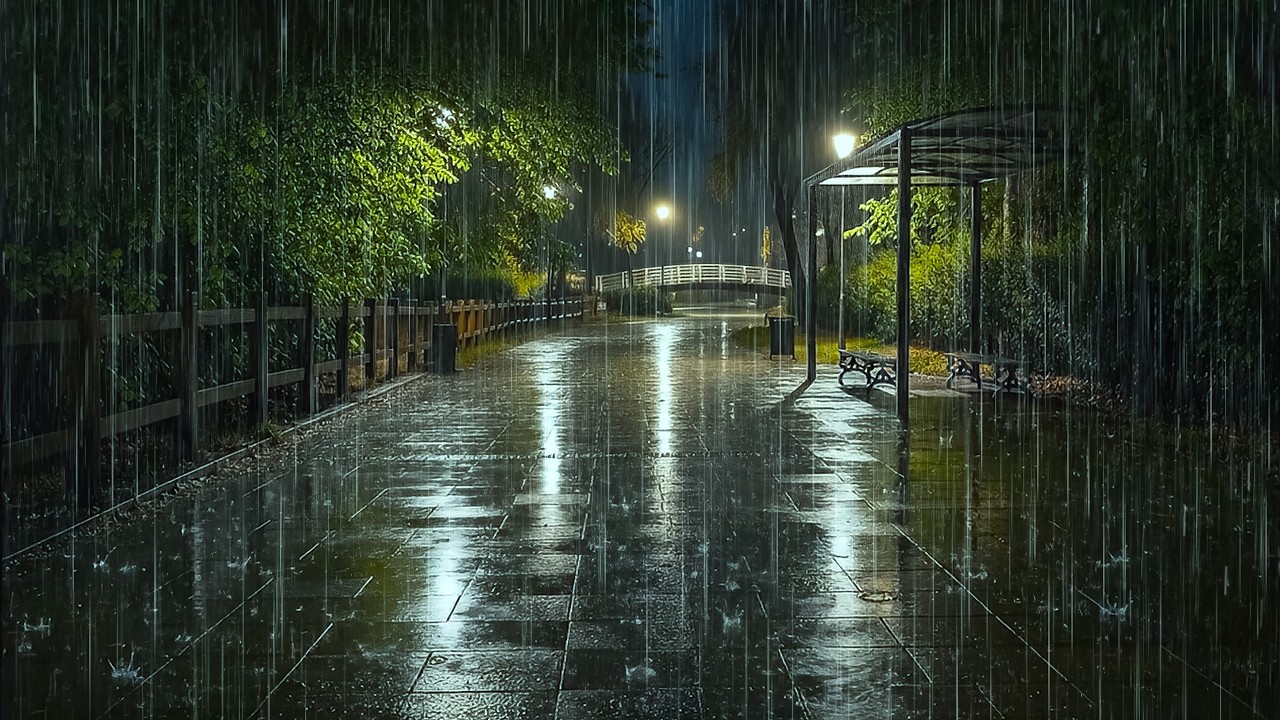 Relieve Stress & Sleep Instantly | Heavy Rain in Peaceful Park | ASMR Night Rain to Cure Insomnia