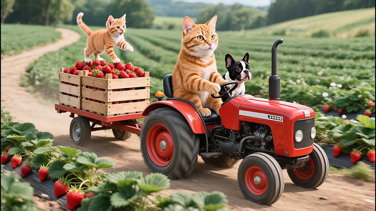 Mama Cat and Ginger Kitten Harvest Fresh Strawberries to Bake a Birthday Cake for Bulldog 🎂🍓🐾