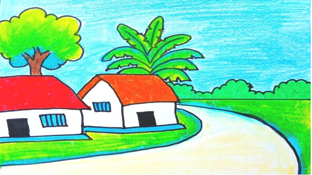 Easy landscape drawing for beginners|Learn house and nature simple painting|Nature scenery drawing 