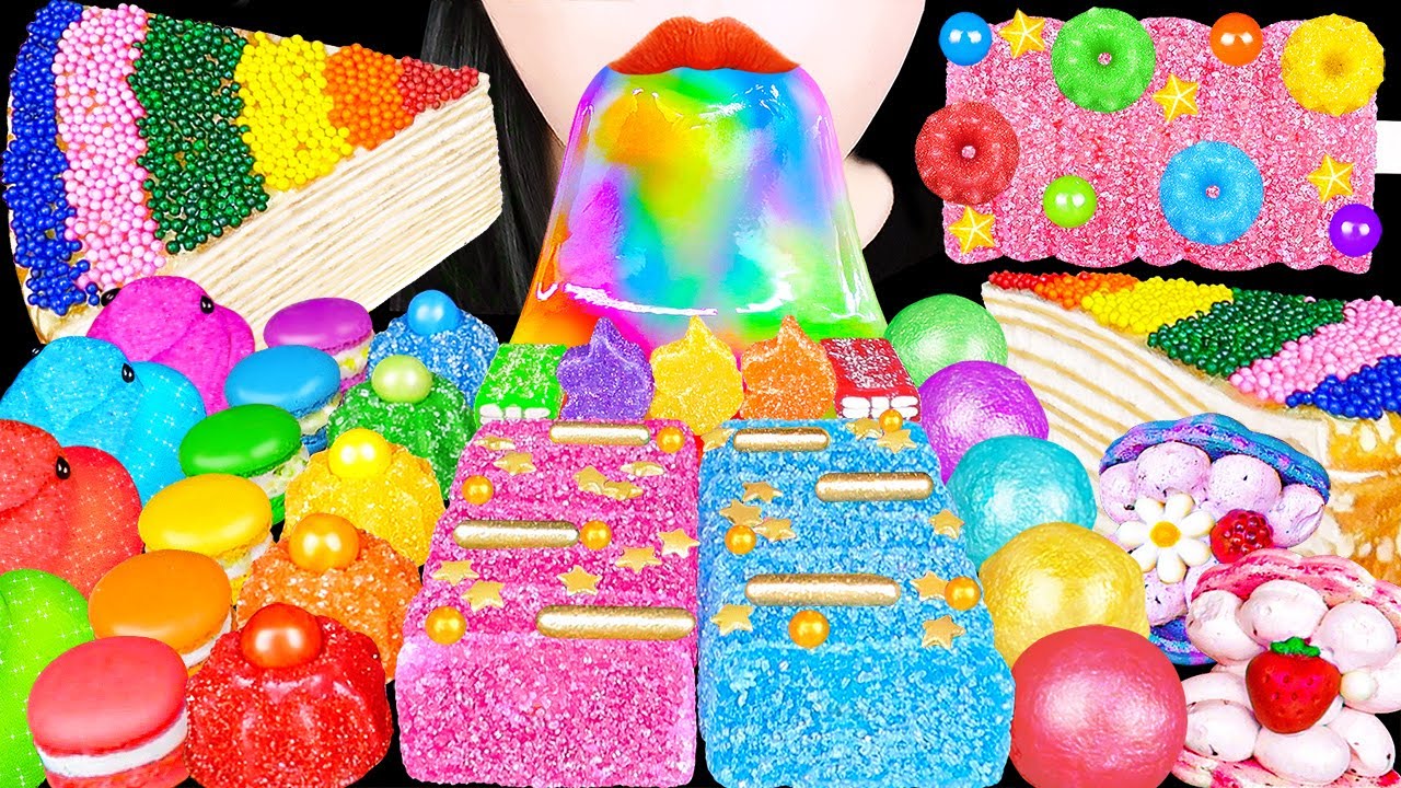 ASMR RAINBOW DESSERTS 무지개 유니콘 디저트 UNICORN PASTEL KOHAKUTO PEEPS MARSHMALLOW JELLO EATING MUKBANG 먹방