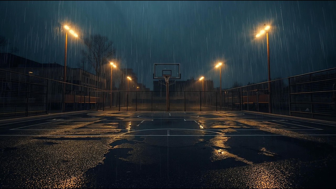 Night Rainy Ambience on Basketball Court (4K) | After The Whistle