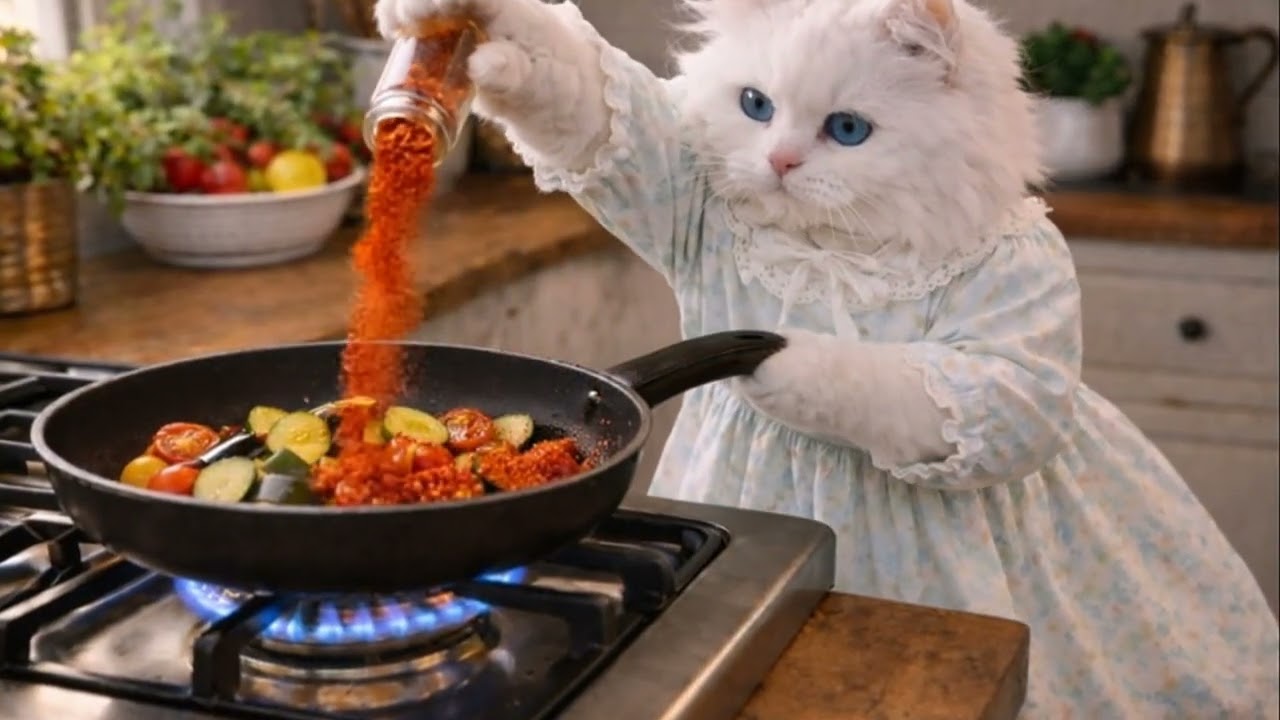 Snowy make a delicious vegetables.#cat #catvideos