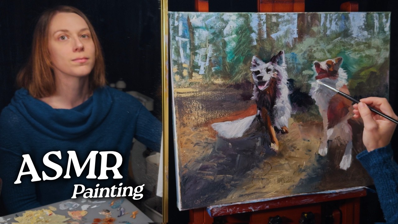 ASMR Palette Knife Painting: Forest Hiking with Dogs (Soft Spoken, 2 Hours)