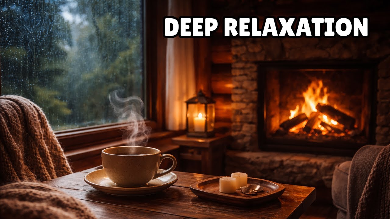 Relaxing Fireplace Sound 🔥 Cozy Cabin Rain & Snow | Calm Music for Anxiety Relief
