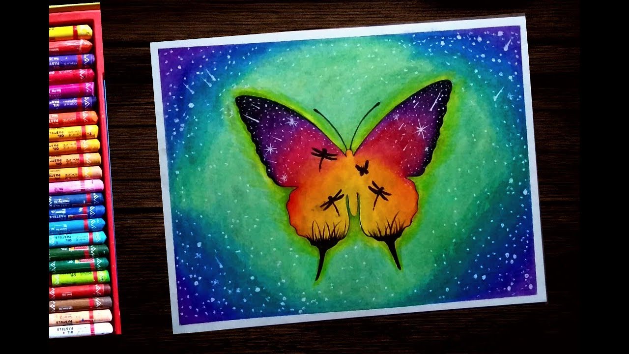 Drawing flying beautiful butterfly with galaxy || oil pastel colour painting